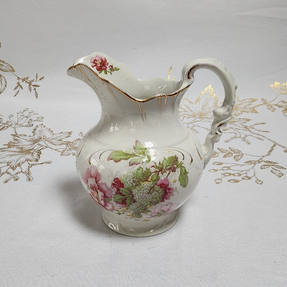 Antique Etruria Mellor Co. Ceramic Porcelain Pitcher - Red & Green Floral Design